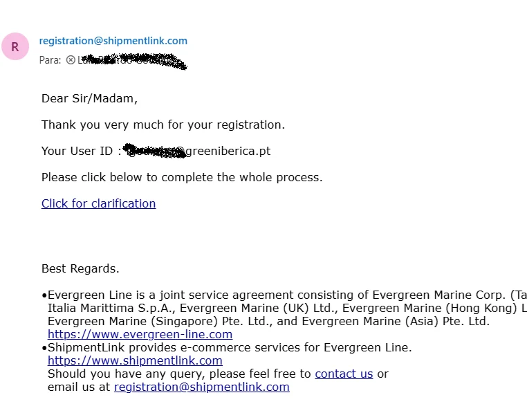 email para validar utilizador cargo tracking