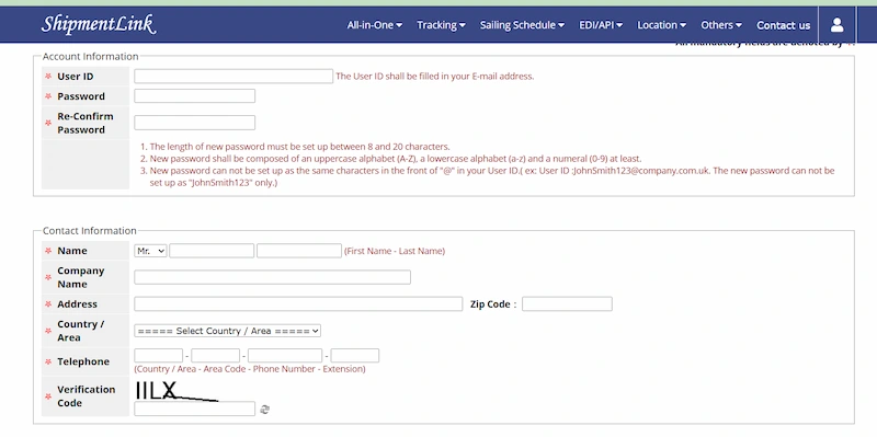 formulario simples para se registar na Cargo Tracking Green Iberica